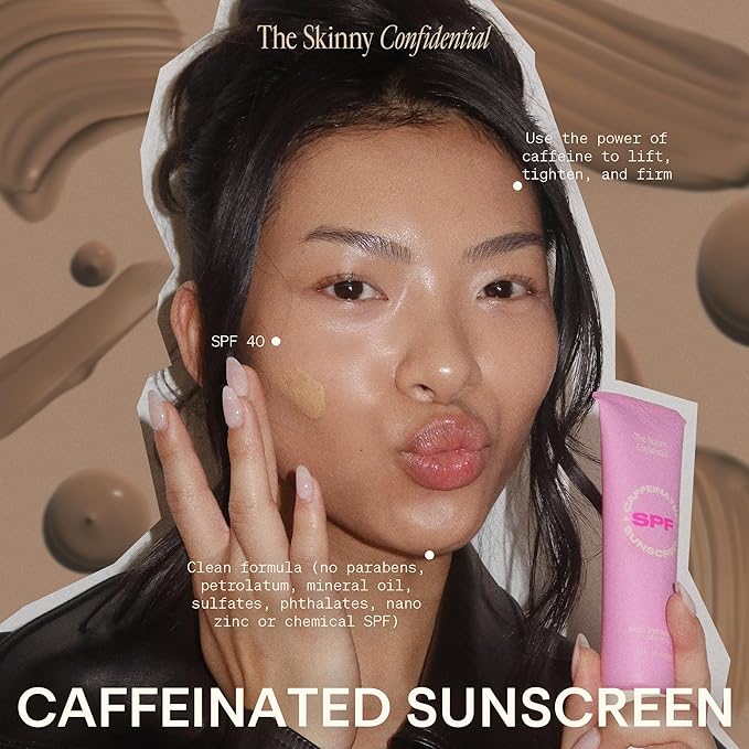 The Skinny Confidential Caffeinated Mineral Sunscreen, SPF 40 - Fragrance-Free Face Sunscreen with No White Cast - Non-Greasy & Lightweight Sun Screen Lotion Reduce Wrinkles, Redness & Puffiness-Velvo Beauty