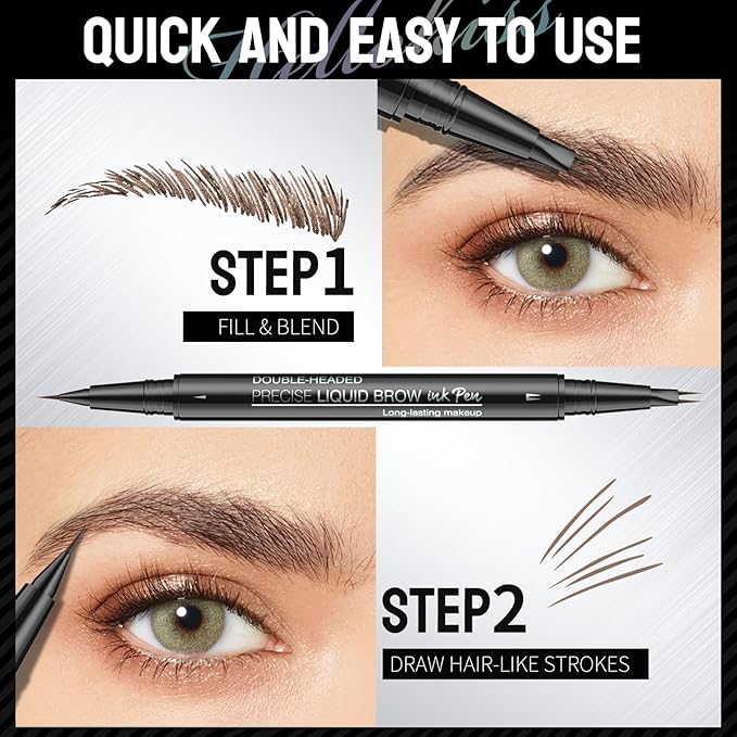 Microblading Eyebrow Pen, Curved Eyebrow Pencil 2-in-1 Dual-Ended Eyebrow Pencil 2-Fork-Tip and Single Tip Creates Natural Eyebrows Waterproof Long-lasting(Black)-Velvo Beauty