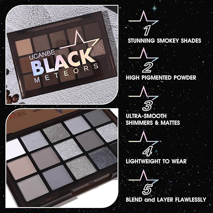 UCANBE Smokey Black Eyeshadow Palette, 15 Colors Dark Shimmer Matte Metallic Makeup Pallet, High Pigmented Gray Silver Sombras De Ojos Kit for Daily and Halloween-Velvo Beauty