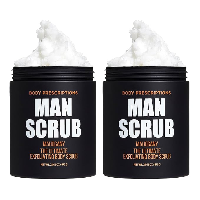 Body Prescriptions Men’s Exfoliating Body Scrub – Ultimate Skin Cleansing Wash in Jar with Twist-Top Lid, For All Skin Types, 21 Ounce (Pack of 2), Mahogany-Velvo Beauty