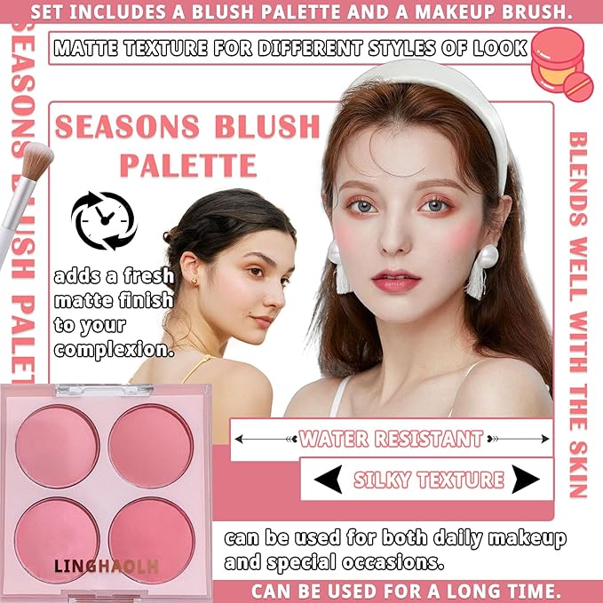 4 Colors Blush Palette for Cheeks,Face Matte Contour Blush Makeup Palette,Buildable Shimmer Facial Cheek Blusher Shades,Blendable Cosmetic Makeup Blush with Blush Brush 01-Velvo Beauty