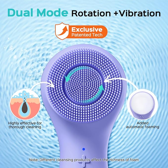 COSLUS Face Scrubber Facial Cleansing Brush: 2 in 1 Spin and Vibration Patented Tech, Silicone Electric Exfoliator Scrubber with Automatic Foaming, Waterproof Face Cleanser Brush for Men and Women-Velvo Beauty