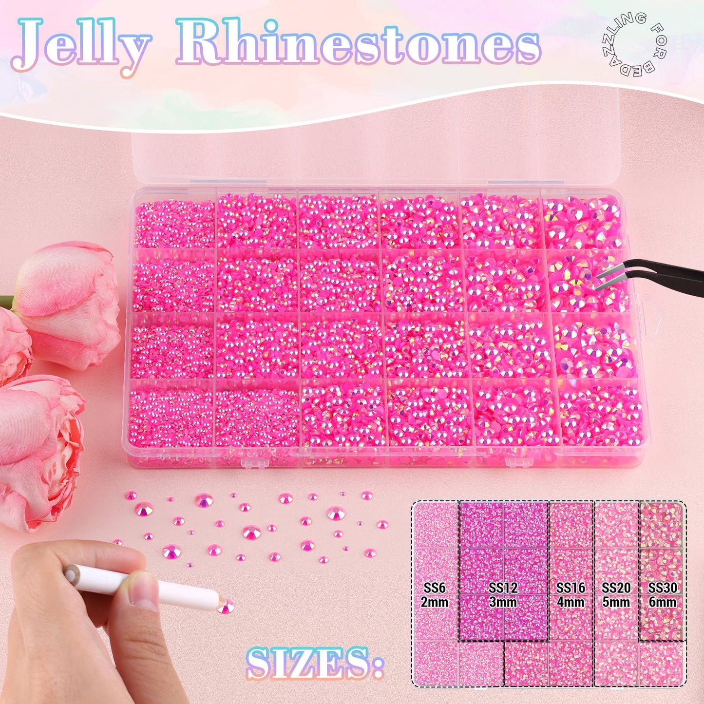 25000Pcs Resin Jelly Rhinestones with Tweezers for Crafting, 2-6mm Mixed Sizes (Hot Pink AB) Non Hotfix Flatback Gems, Bedazzling Crystal for DIY Crafts Clothing Tumblers Mugs Shoes Decor Nail Art-Velvo Beauty