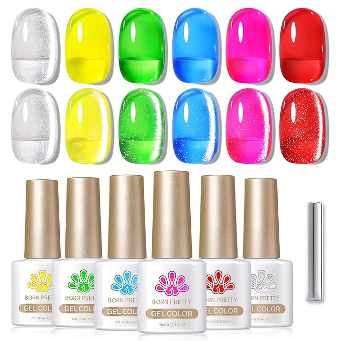Born Pretty Neon Jelly Gel Nail Polish Glass Crystal Spring Summer Transparent Ice Jelly Gel Polish with Silver Holographic Glitter Cat Magnetic Eye Gel Polish Collection Minicure DIY Gifts 6PCS-Velvo Beauty
