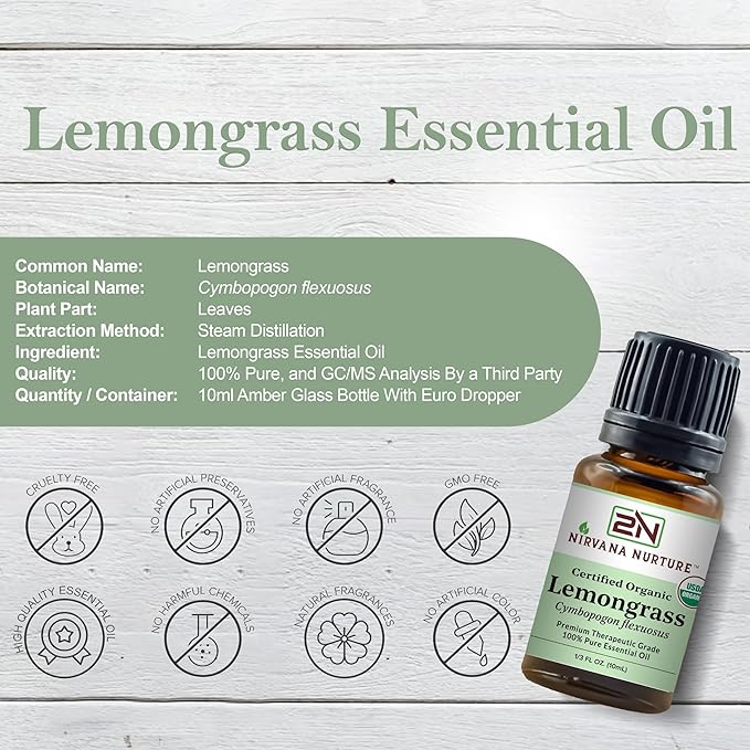 Lemongrass Essential Oil USDA Certified Organic 100% Pure Premium Therapeutic Grade, Undiluted - Aromatherapy Diffuser for Calm and Relaxation, Skin Care, Hair Care-Velvo Beauty