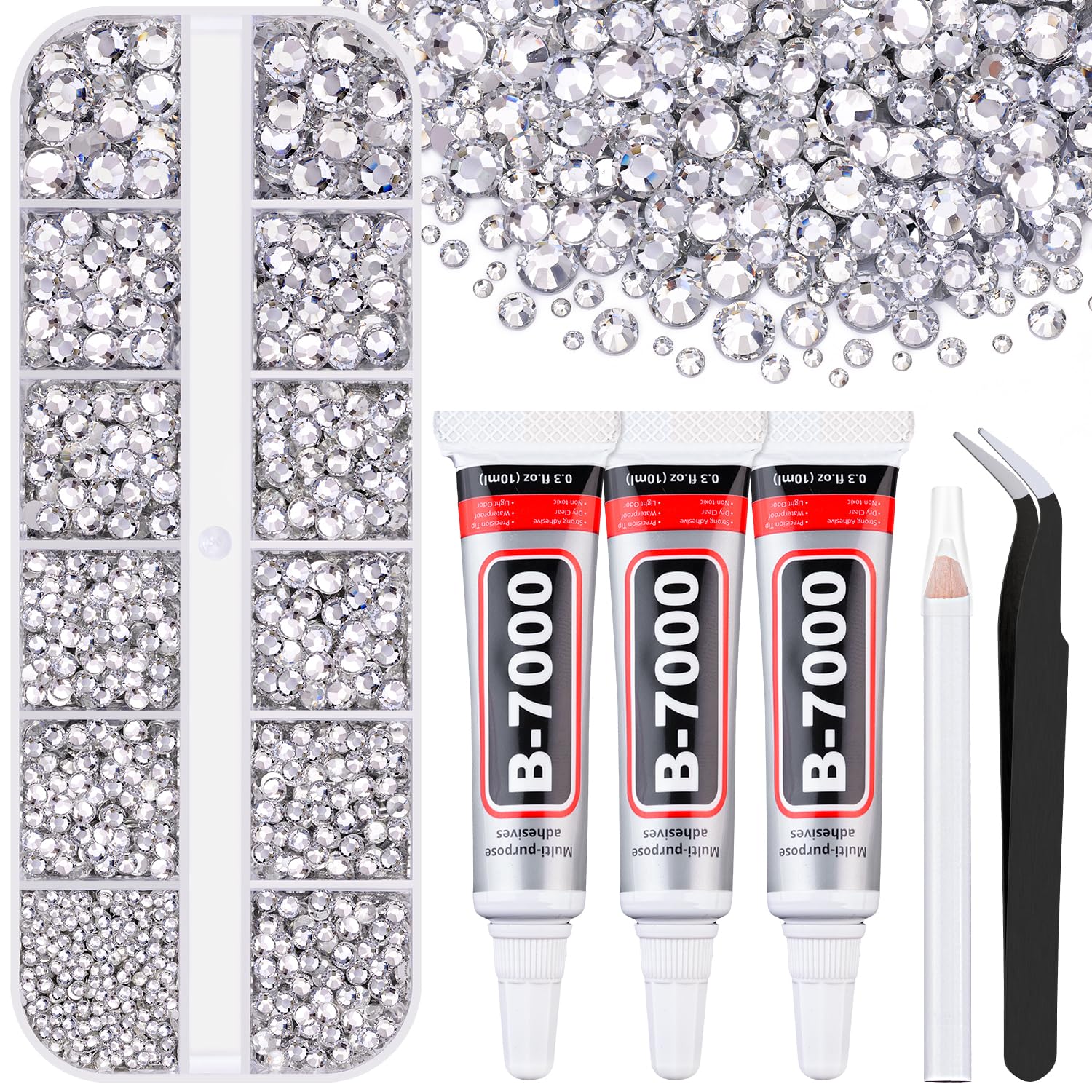 6000Pcs Resin Rhinestones for Bedazzling with 3Pcs B7000 Jewelry Glue, 1 Box Clear Flatback Rhinestones for Crafting Crafts DIY, Crystals Gems for Clothing Shoes Tumblers Nail Art Makeup-Velvo Beauty