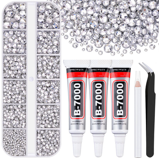 6000Pcs Resin Rhinestones for Bedazzling with 3Pcs B7000 Jewelry Glue, 1 Box Clear Flatback Rhinestones for Crafting Crafts DIY, Crystals Gems for Clothing Shoes Tumblers Nail Art Makeup-Velvo Beauty