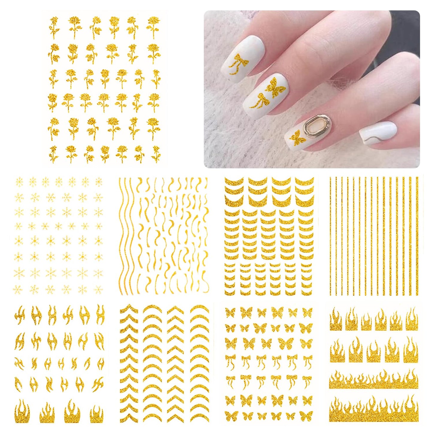 SILPECWEE 8 Sheets Gold Glitter Nail Art Stickers Decals for Women Kids French Nail Stickers French Tip Stripe Flame Flower Butterfly for Nails Design 3D Self-Adhesive Manicure Decoration-Velvo Beauty