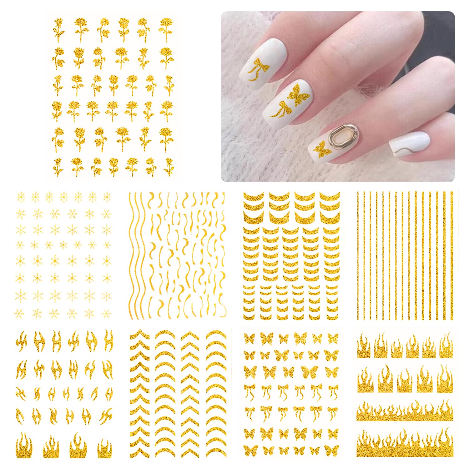 SILPECWEE 8 Sheets Gold Glitter Nail Art Stickers Decals for Women Kids French Nail Stickers French Tip Stripe Flame Flower Butterfly for Nails Design 3D Self-Adhesive Manicure Decoration-Velvo Beauty