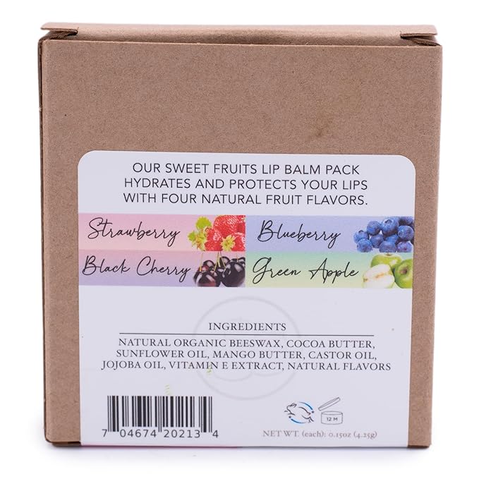 Lip Balm Sweet Fruits 4-Pack, Strawberry Blueberry Black Cherry Green Apple, Natural Beeswax, Moisturizing Lip Treatment, 4 Tubes, 0.15 oz., White-Velvo Beauty