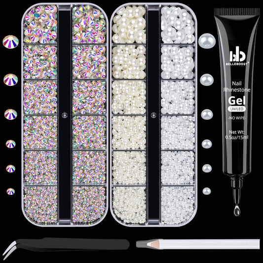 Nail Art Rhinestone Glue Gel&2 Boxes Flatback Gems Kit, 1 Tube of 15ml Rhinestone Gel Glue(UV/LED Needed)+Round AB Gems+Flat-Back Half Round White&Beige Pearls with Pickup Tools-Velvo Beauty