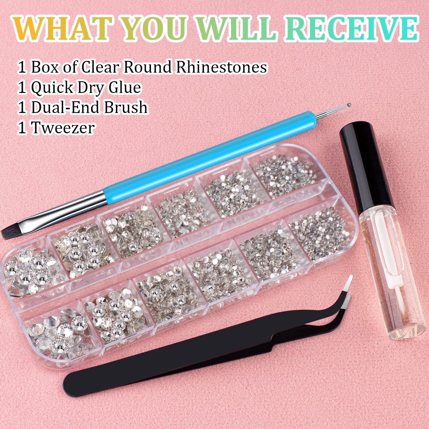 1.5-6mm Round Flatback Face Gems Kit (Clear) for Makeup with Quick Dry Glue + Brush + Tweezer, Nail Art Rhinestones Transparent White Glass Crystal Beads for Make-up Deco-Velvo Beauty
