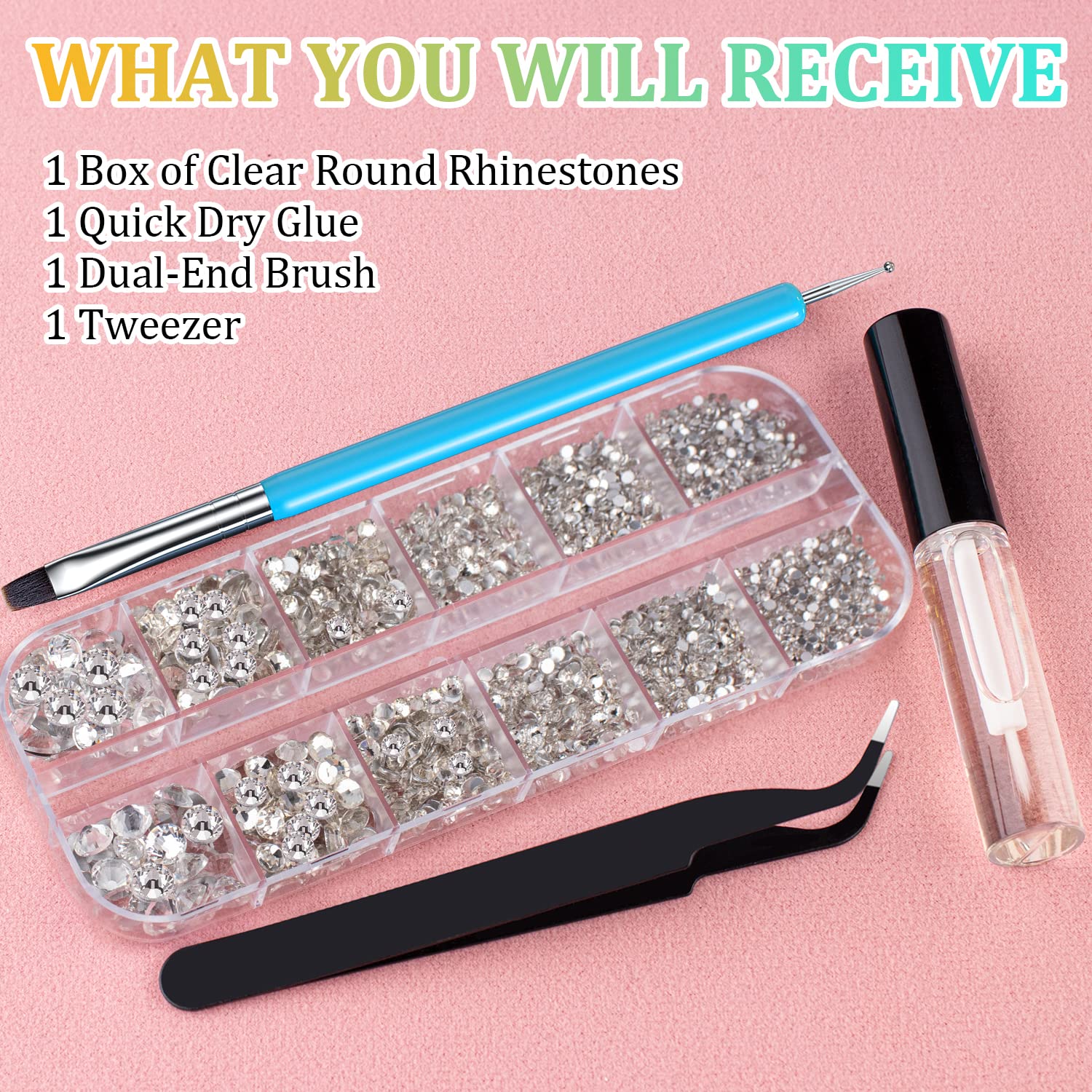 1.5-6mm Round Flatback Face Gems Kit (Clear) for Makeup with Quick Dry Glue + Brush + Tweezer, Nail Art Rhinestones Transparent White Glass Crystal Beads for Make-up Deco-Velvo Beauty