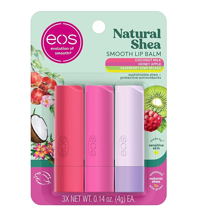 eos Natural Shea Lip Balm, Honey Apple, Coconut Milk & Raspberry Kiwi Splash, All-Day Moisture, Lip Care Products, 0.14 oz, 3-Pack-Velvo Beauty