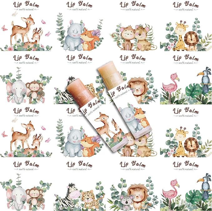 CRASPIRE 80Pcs 8 Styles Lip Balm Sticker Animals Self-Adhesive Cartoon Monkey Lion Homemade Lip Balm Containers Labels Vintage Square DIY Label Paper Sticker for Woman Cosmetics Lipsticks Decor-Velvo Beauty