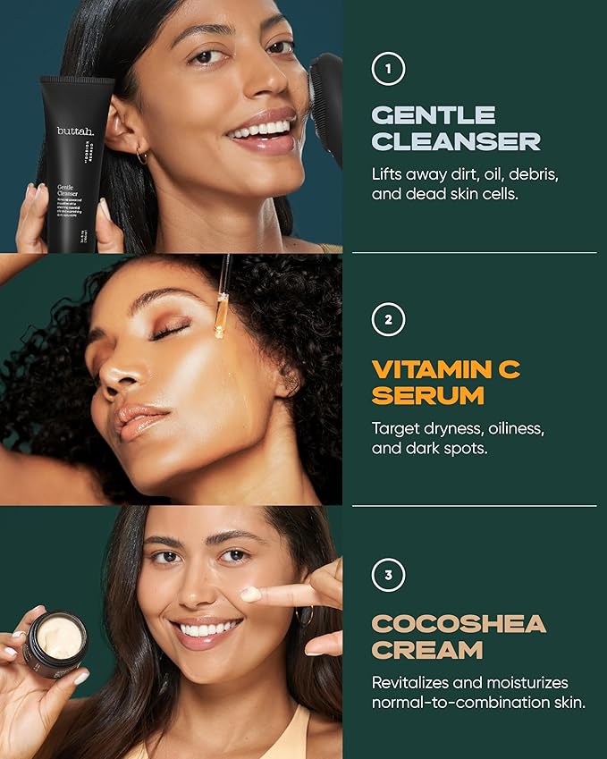 Buttah Skin Transforming Kit for Melanin Rich Skin | CocoShea Revitalizing Cream 2 oz | Vitamin C Serum 1 oz | Buttah Cleanser 3.4 oz | Black Owned Skincare-Velvo Beauty