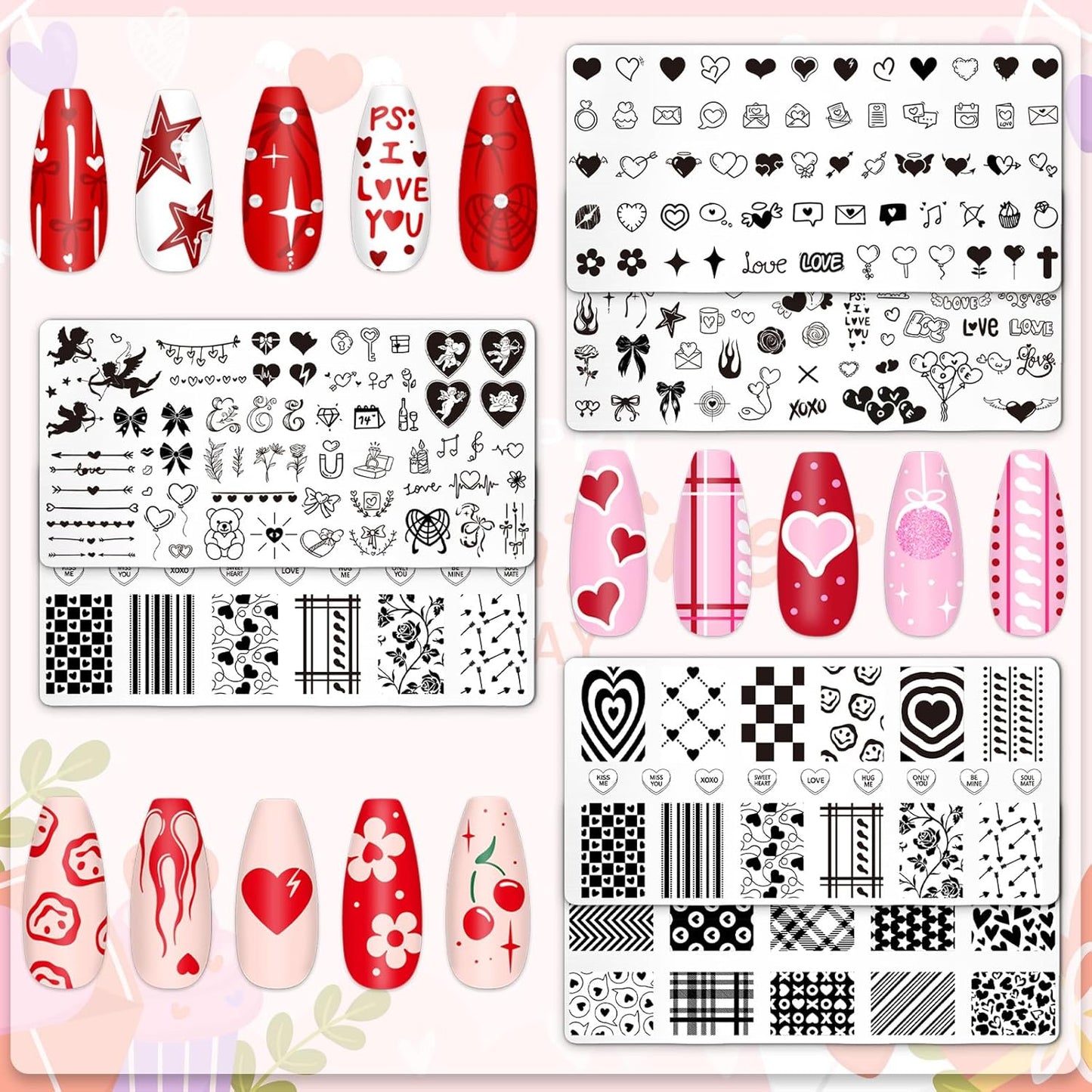 Whaline 6Pcs Happy Valentine Nail Plates Stamping Set Love Heart Stamp Templates Nail Art Plates for DIY Print Manicure Salon Design-Velvo Beauty
