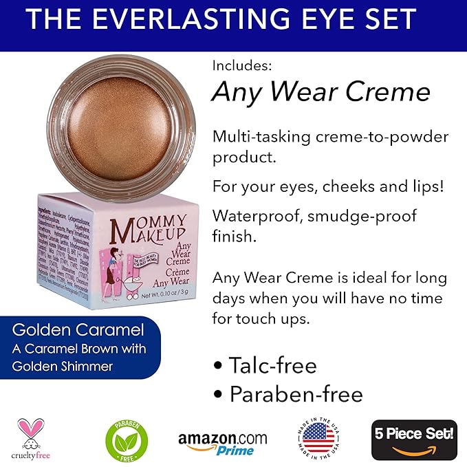 The Everlasting Eye 5 Piece Waterproof Makeup Set. Gel Eyeliner, Creme Eyeshadow, 2 brushes and Mesh Bag. Paraben-free, Talc-free, Cruelty-free. Golden Caramel/Chocolate Kiss 1502-Velvo Beauty