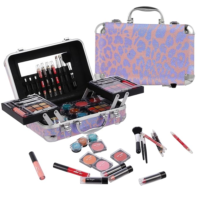 Hot Sugar All In One Makeup Set for Adults and Girls - Full Makeup Kit for Beginners With Eye Shadow Palette, Blush, Lip Gloss, Brush, Mirror (Pink Leopard)-Velvo Beauty