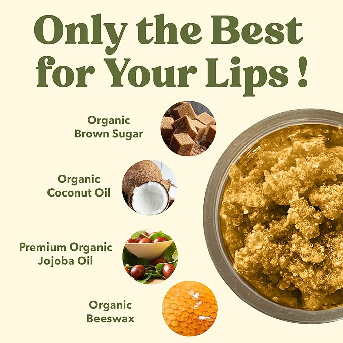 Organic Brown Sugar Lip Scrub – 0.7oz – USDA Organic Lip Exfoliator Scrub for Dry Lips - Fair Trade, Brown Sugar, Jojoba Oil, Beeswax, Coconut Oil - Lip Scrubber Exfoliator For Lip Care-Velvo Beauty