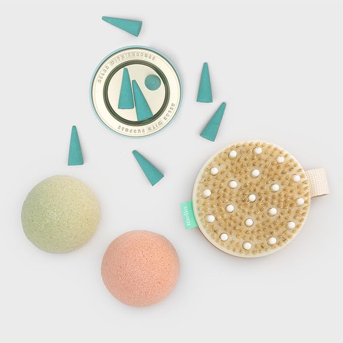 Mello Bath Accessories Deep Soak | Self Care Gifts for Women | Spa Gifts for Women & Relaxation Gifts for Women | Bath Accessories Includes Konjac Sponge, Incense Cones & Exfoliating Brush-Velvo Beauty