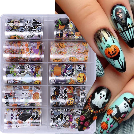 Halloween Nail Art Stickers Decals Pumpkin Ghost Skull Design Nail Accessories for Women and Girls Nail Decorations 10 Sheets Stickers for Halloween Party Decor-Velvo Beauty