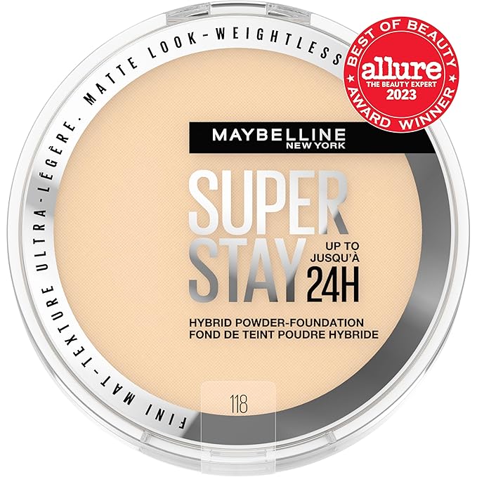 Maybelline Super Stay Up to 24HR Hybrid Powder-Foundation, Medium-to-Full Coverage Makeup, Matte Finish, 118, 1 Count-Velvo Beauty
