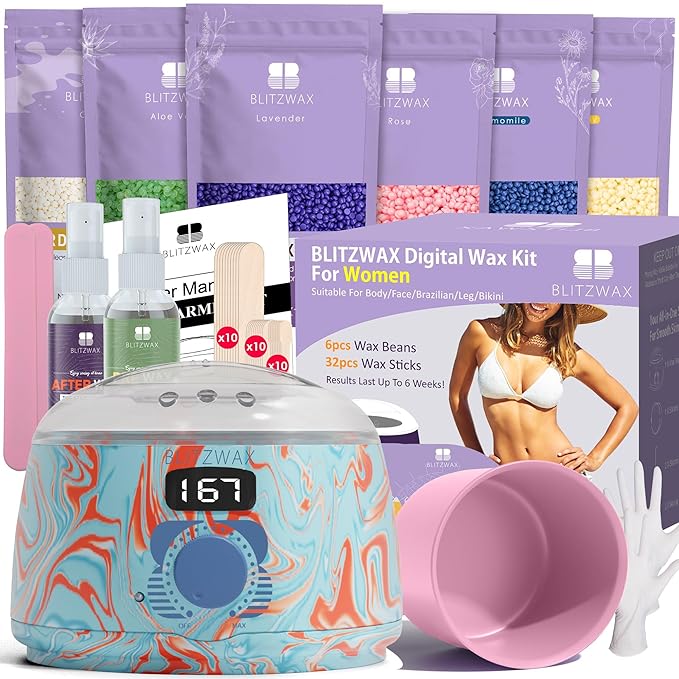 BLITZWAX Brazilian and Bikini Waxing Kit for Women, Hard Wax Warmer for Face, Legs and Body, At Home Hair Removal Kit, Beginner Friendly, Effective on Coarse Hair, Pool Swirl Design-Velvo Beauty