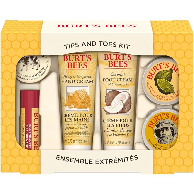 Burt's Bees Back to School Gifts Ideas, 6 Body Care College Dorm Products, Tips and Toes Set - Pomegranate Moisturizing Lip Balm, 2 Hand Creams, Foot Cream, Cuticle Cream & Hand Salve-Velvo Beauty