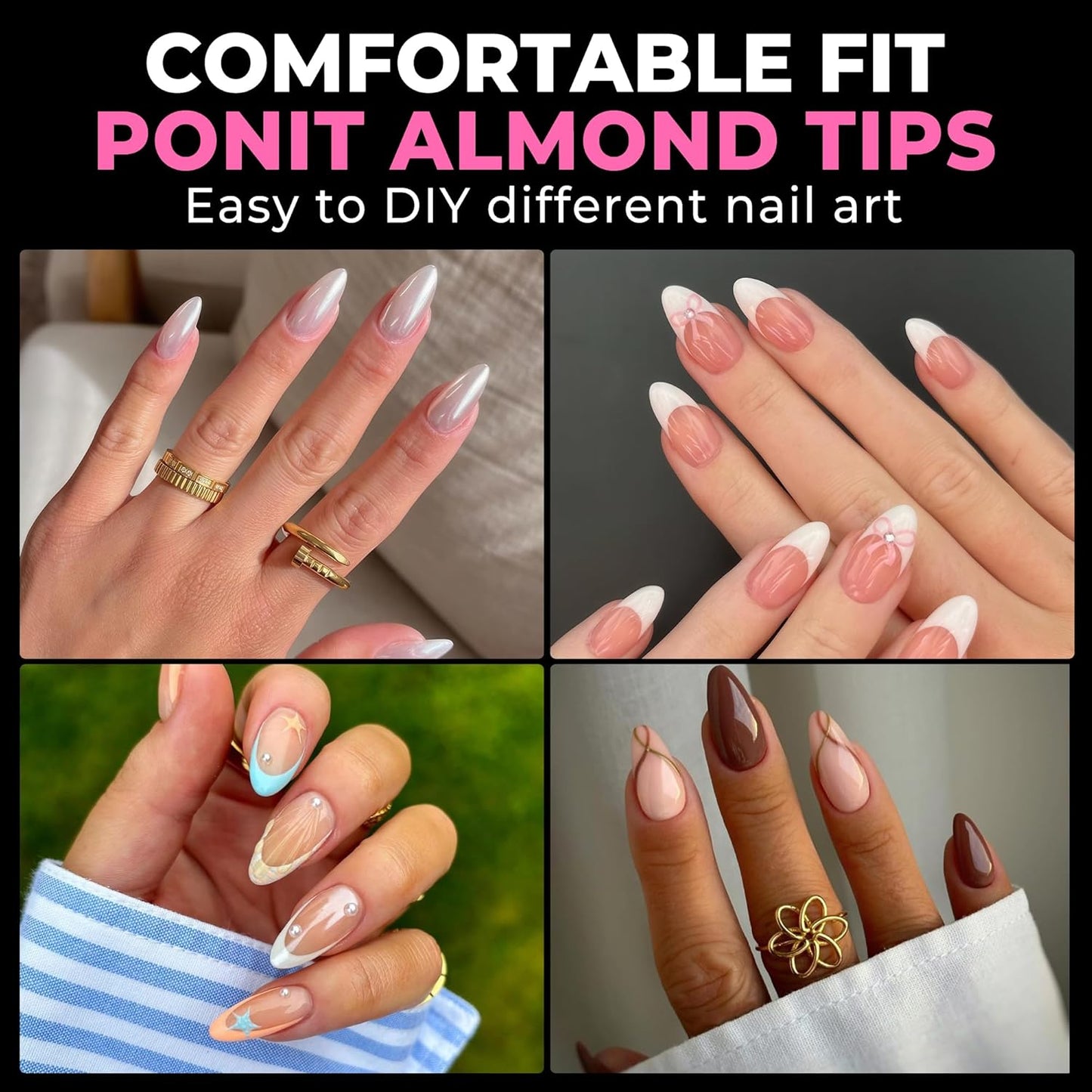 UNA GELLA Almond Nail Tips, 216pcs Pointed Almond Gel Nail Tips Pre-shape Half Matte Full Cover Clear Acrylic Soft Gel Fake Nails for Nail Extension Nail Art 12 Sizes-Velvo Beauty