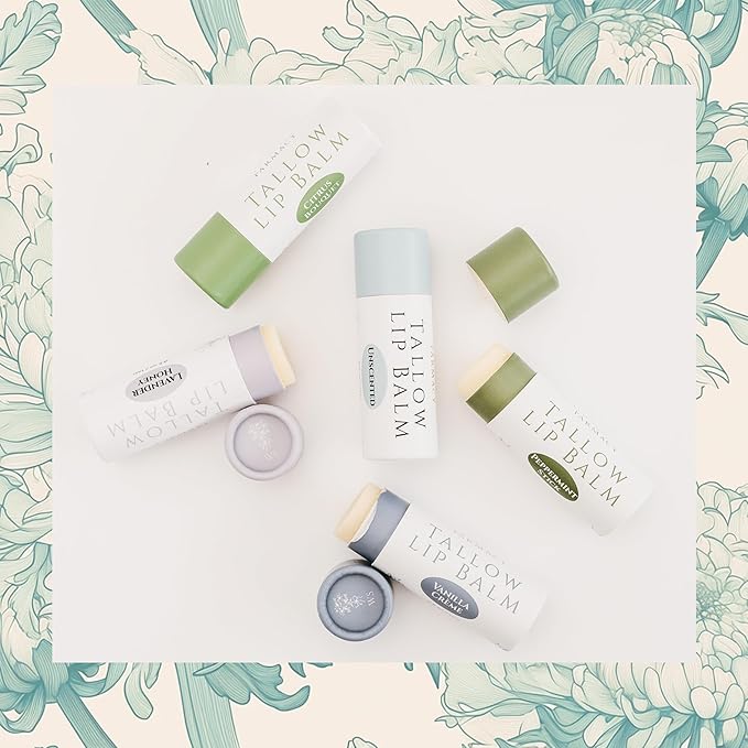 Organic Tallow Lip Balm (Unscented) from Grass Fed Cows. Super hydrating with Tallow, Olive Oil, Honey, and Beeswax. Sustainable Cardboard Tubes & Hand Filled. Jumbo Size 0.5 oz.-Velvo Beauty