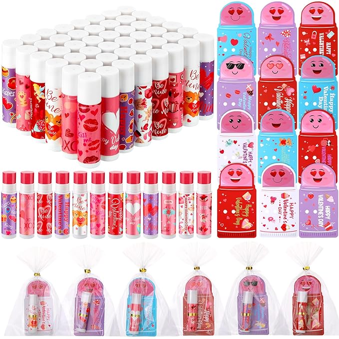 48 Pcs Valentine's Day Cherry Flavored Moisturizing Lip Balm Gloss Lipstick with 48 Pcs Valentine's Day Card Bulk Party Supplies Lip Care Gift Men Women and Children, 12 Styles-Velvo Beauty