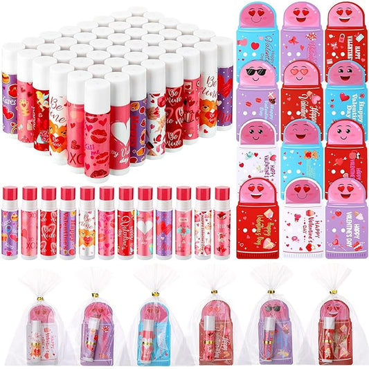48 Pcs Valentine's Day Cherry Flavored Moisturizing Lip Balm Gloss Lipstick with 48 Pcs Valentine's Day Card Bulk Party Supplies Lip Care Gift Men Women and Children, 12 Styles-Velvo Beauty