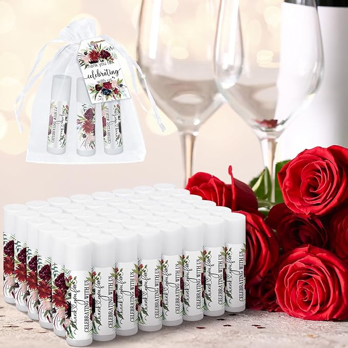 Dunzy 50 Pack Bridal Shower Favors Gifts Bulk Burgundy Floral Lip Balms Party Supplies Wedding Party Favors Bachelorette Prizes Souvenirs Thank You Appreciation Gifts for Guests Women Coworker Staff-Velvo Beauty