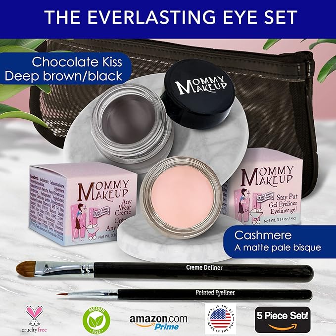 The Everlasting Eye 5 Piece Waterproof Makeup Set. Gel Eyeliner, Creme Eyeshadow, 2 brushes and Mesh Bag. Paraben-free, Talc-free, Cruelty-free. Cashmere/Chocolate Kiss 2502-Velvo Beauty
