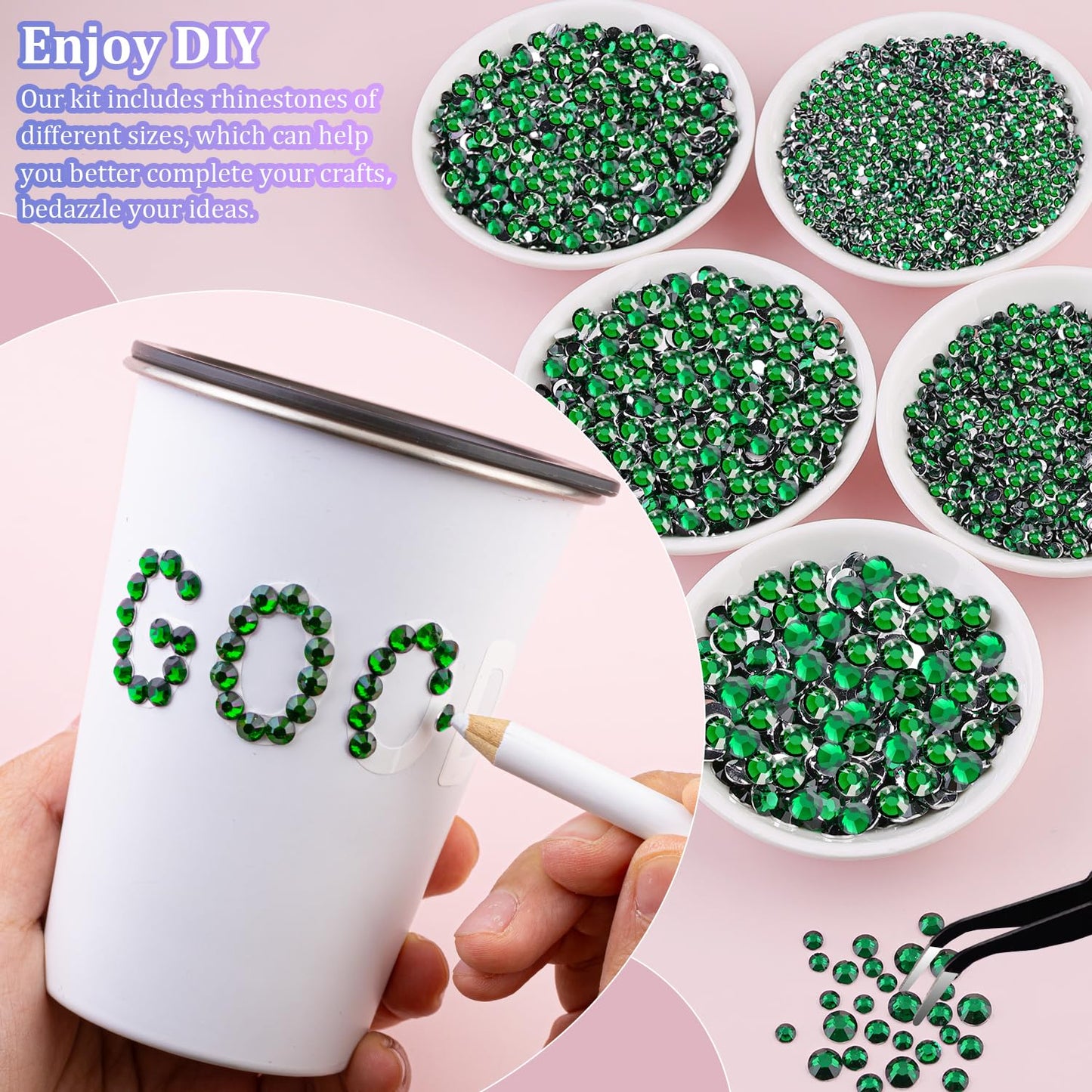 30000Pcs Emerald Green Rhinestones for Bedazzling with B7000 Jewelry Glue, Bedazzler Kit Flatback Gems, Resin Rhinestones for Crafting Crafts Clothing Shoes Fabric Nail Art Assorted Size 2/3/4/5/6mm-Velvo Beauty
