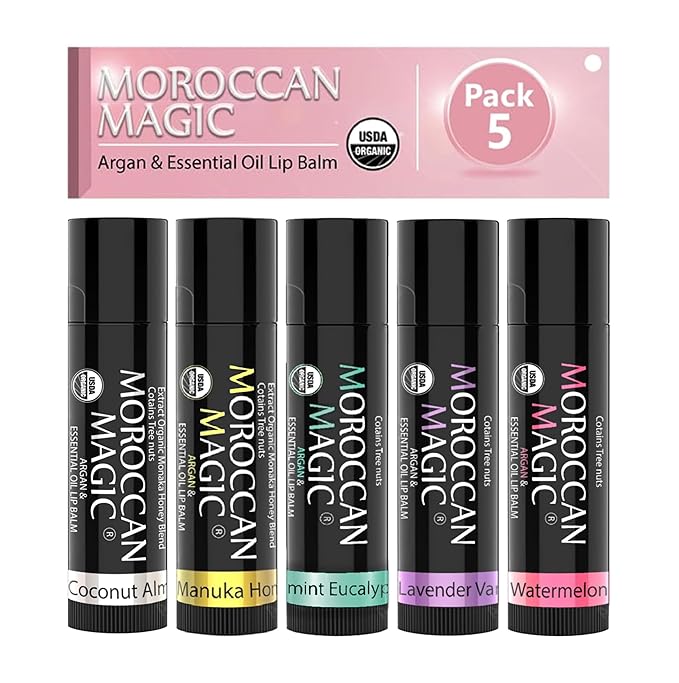 Moroccan Magic Organic Lip Balm 5 Piece Variety Pack Gift Set | Ultra-Hydrating Argan & Essential Oil Lip Moisturizer + Vitamin E | Smooth | Natural | Non-Toxic | Cruelty Free | 5 Pack-Velvo Beauty