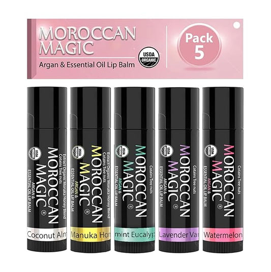 Moroccan Magic Organic Lip Balm 5 Piece Variety Pack Gift Set | Ultra-Hydrating Argan & Essential Oil Lip Moisturizer + Vitamin E | Smooth | Natural | Non-Toxic | Cruelty Free | 5 Pack-Velvo Beauty