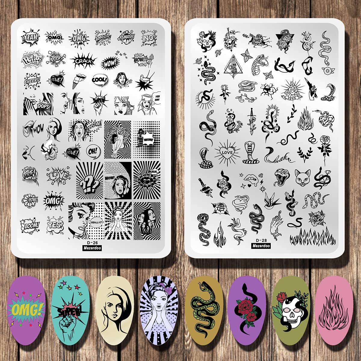 2pcs Mix Abstract Face Various Snake Series Nail Stamping Plates Beauty Girl Letter Word Image 14.5×9.5cm Nail Stamping Art Stencil Big Size Flower Fire Skull Full Cover Nail Art Stamp Templates Tools-Velvo Beauty