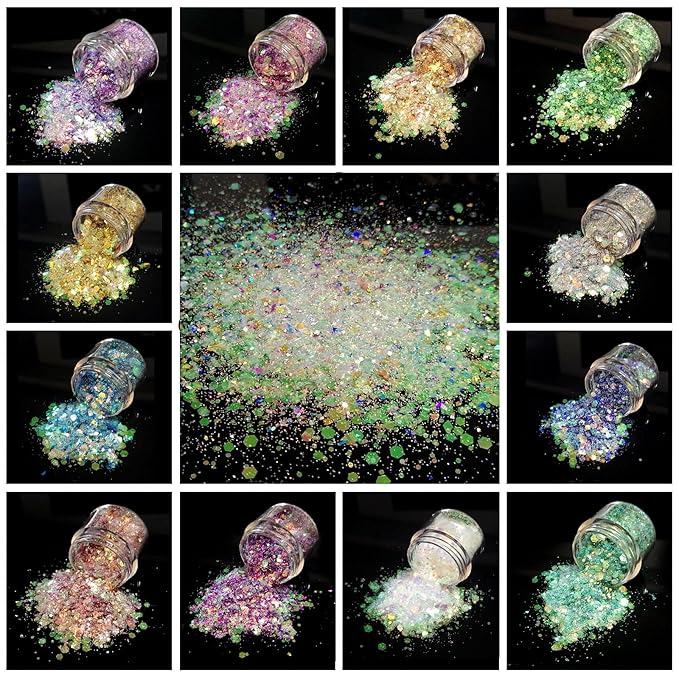 Allstarry 12 Colors Chunky Glitter Holographic Craft Glitter Cosmetic Nail Art Sequins Mixed Fine Glitter Flakes for Nails Art Decoration Hair Eyes Face Body, Resin Tumblers, Epoxy, Slime-Velvo Beauty