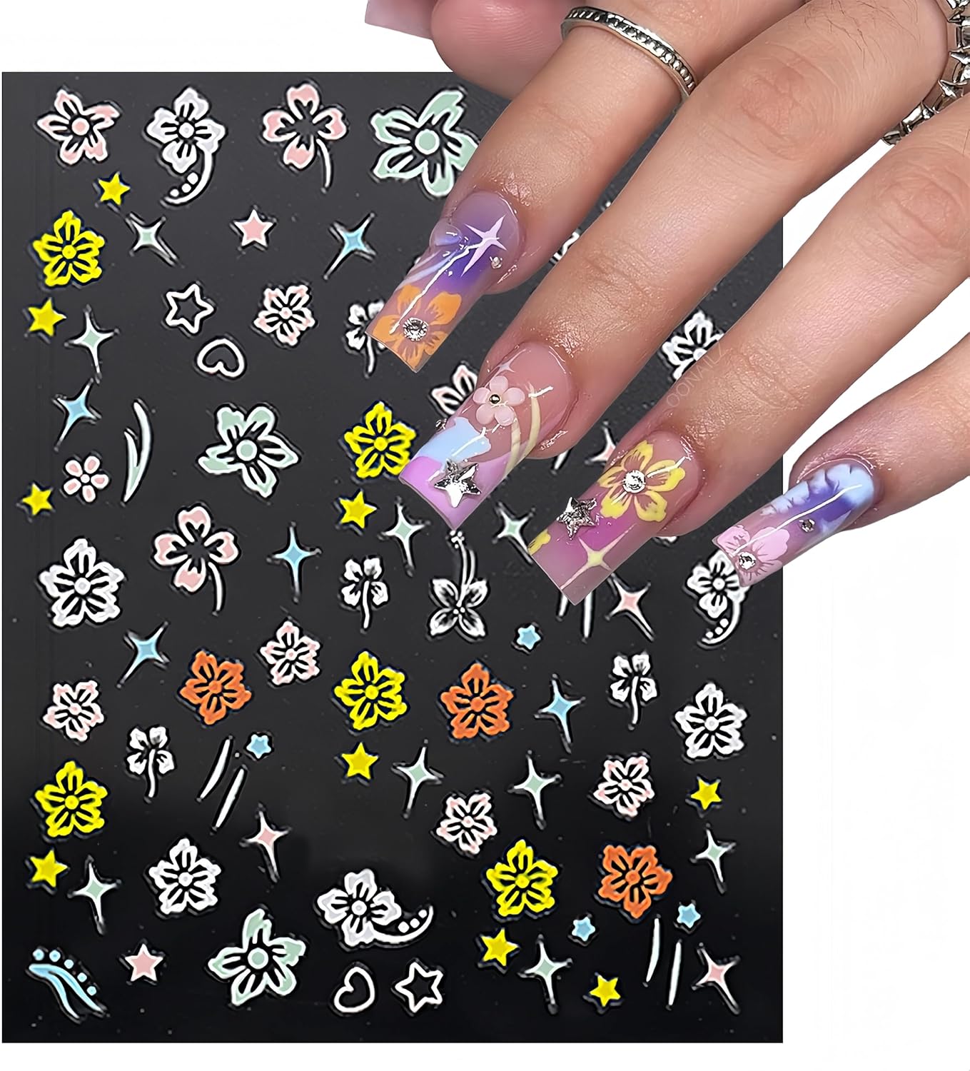 8 Sheets 3D Colored Flower Nail Stickers Summer Hibiscus Nail Decals 3D Self-Adhesive White Pink Gold Flower Pattern Women's Nail Art Supplies Decoration Accessories-Velvo Beauty