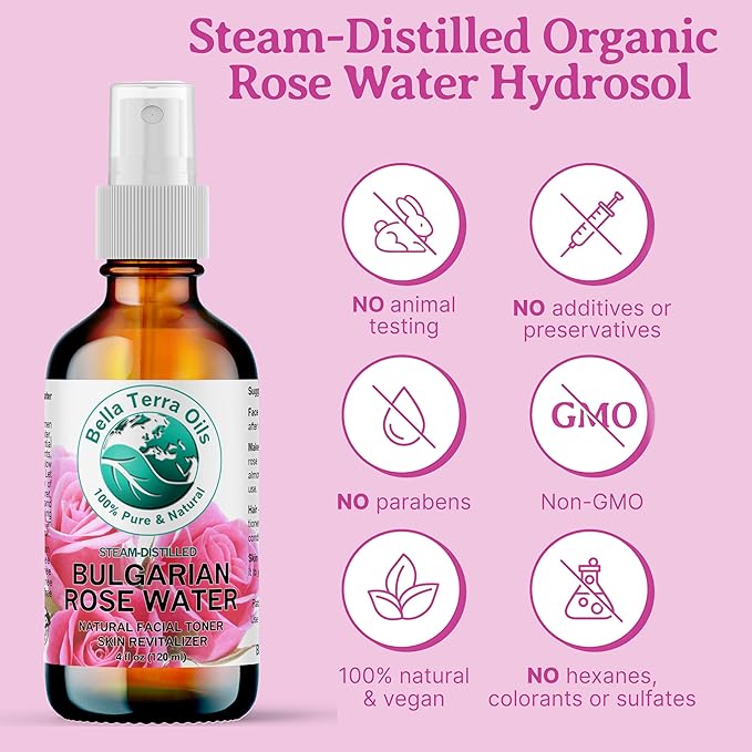 Bella Terra Oils - Organic Rose Water Mist 4 oz - Capture The Bulgarian Rose Essence, Perfect as a Gentle Rosewater Face Mist, Free from Synthetics-Velvo Beauty