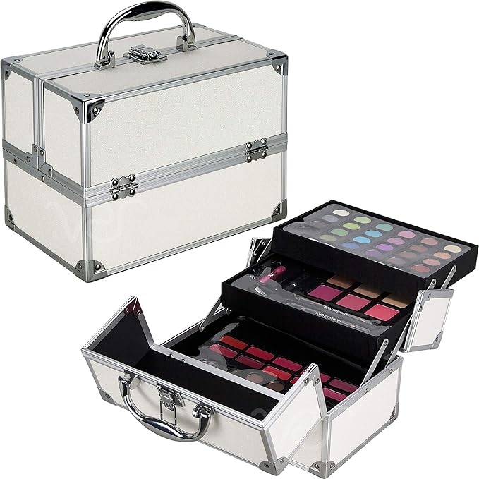 55pcs Makeup Gift Set Kit Train Case With Extendable Trays (eyeshadow, Blushes, Lipstick & More) - Vmk1304, White Glitter-Velvo Beauty