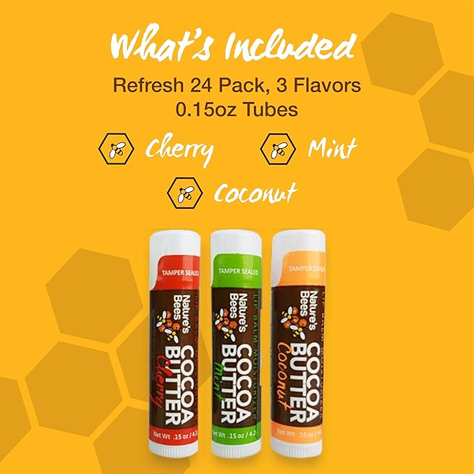Nature's Bees - Cocoa Butter Lip Balm Moisturizer - Refresh 24 Pack, 3 Flavors - Coconut, Cherry, & Mint - Made w/Coconut Oil, Beeswax, Vitamin E, Aloe, Shea Butter - Made in the USA - 0.15oz (4.2g)-Velvo Beauty