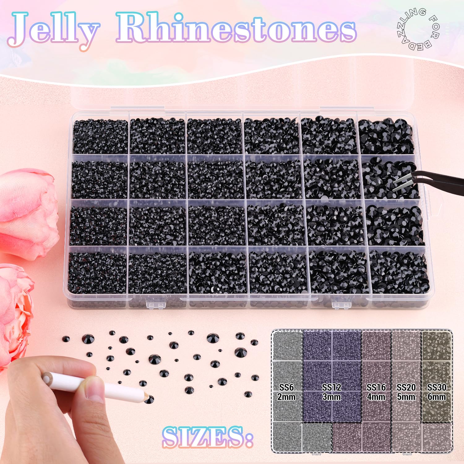 30000Pcs Resin Black Rhinestones with B7000 Jewelry Glue for Crafting, 2-6mm Non Hotfix Flatback Gems, Bedazzling Crystal for DIY Crafts Clothing Tumblers Mugs Shoes Fabric Decor Nail Art-Velvo Beauty