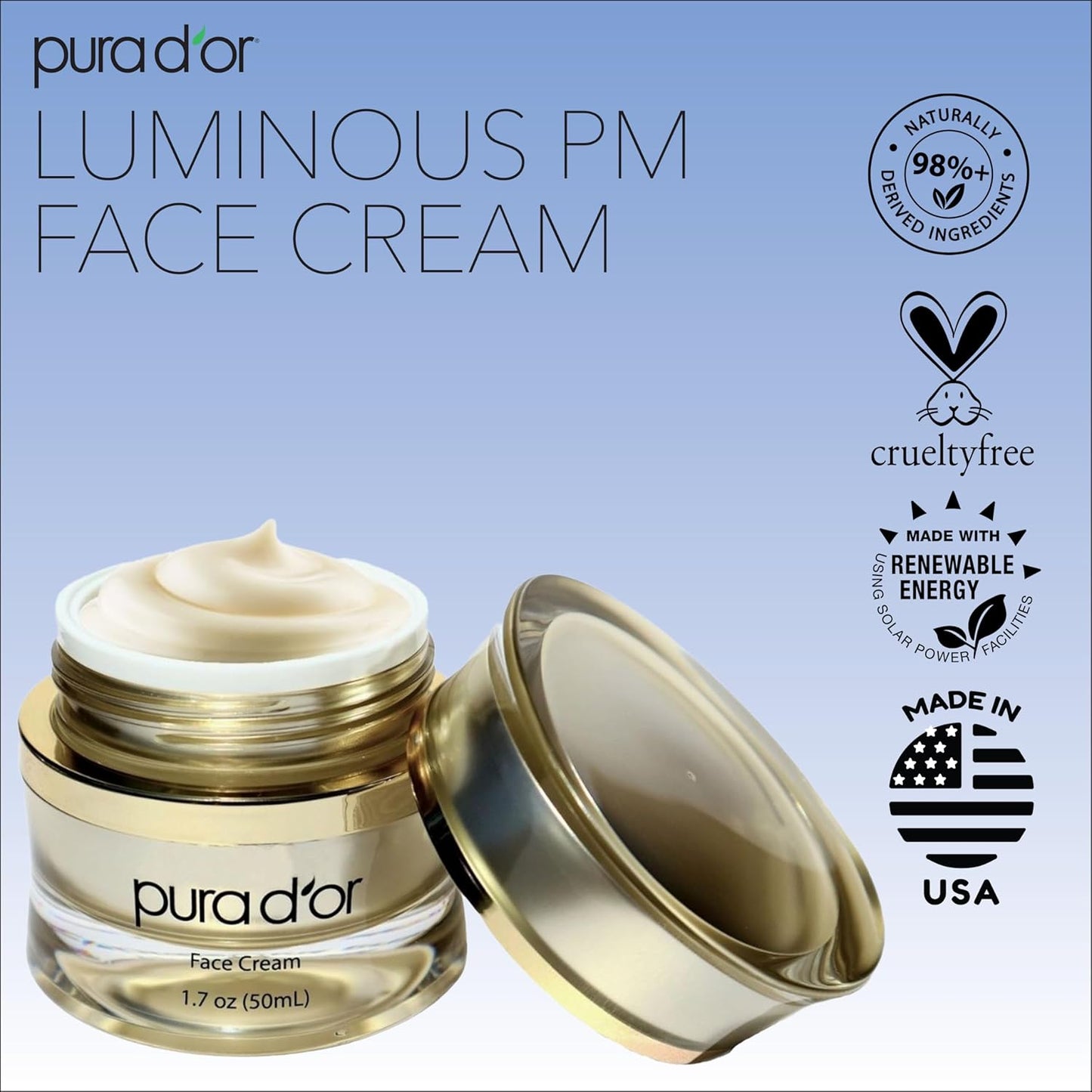 PURA D'OR 1.7 Oz Luminous PM Face Cream - Methylene Blue, Marine Collagen, Retinol, Peptides, Apple Stem Cell Extract - Anti-Aging Nighttime Moisturizer - Overnight Facial Treatment For Women & Men-Velvo Beauty