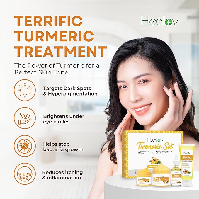 Turmeric Skincare Set - Turmeric Skin Care Products Brightening & Acne - Turmeric Skin Care Kit, Turmeric Skin Care Set - Turmeric Cleanser, Body Scrub, Face Cream & Facial Serum-Velvo Beauty