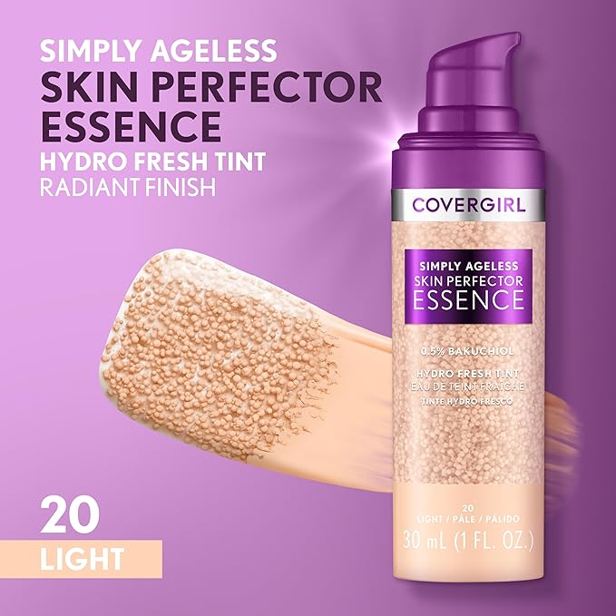 Covergirl Simply Ageless Skin Perfector Essence Foundation, 20 Light, Tinted Skin Perfector, Skincare Makeup Hybrid, Sheer Tint, Radiant Finish, Skin-Like Finish, Vegan Formula, 1.0oz-Velvo Beauty