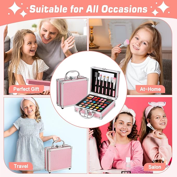 Anpro All-In-One Makeup Carry Case with Pro Teen Makeup Set, Full Starter Cosmetics Kit with Makeup Brushes, Eye Shadows Palette, Blushes, Glitter Gel, Temporary Tattoo Stickers - Blue-Velvo Beauty