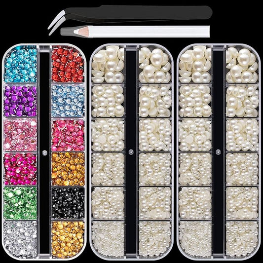 Flat Back Rhinestone+Half Round Pearl Kits Colorful Rhinestones+Beige Pearls With Picker Pencil And Tweezer For Home DIY And Professional Use-Velvo Beauty